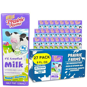 Prairie Farms 1% Low Fat Milk, 8 FL oz, 27 Pack