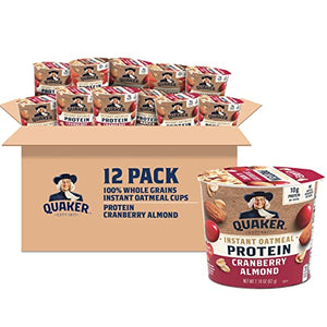 Quaker Protein Instant Oatmeal Cups, Cranberry Almond, 12 Pack