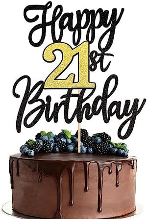 Happy 21st Birthday Cake Topper Black Gold Glitter