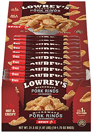 Lowrey's Bacon Curls Microwave Pork Rinds, Hot & Spicy, 1.75 oz (Pack of 18)