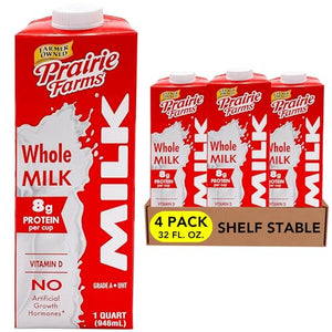 Prairie Farms Whole Milk, UHT Ultra Pasteurized, 1 Quart (4 Pack)