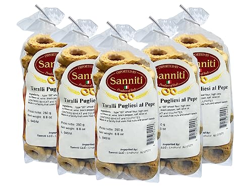 Sanniti Italian Taralli Pugliese al Pepe Black Pepper, 8.8 oz (Pack 5)